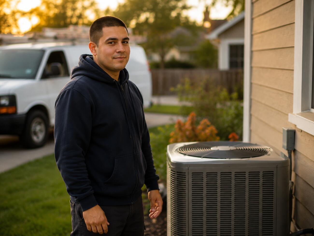 Jose Mendez, JAMA owner, beside a home air-conditioning unit with the JAMA van behind