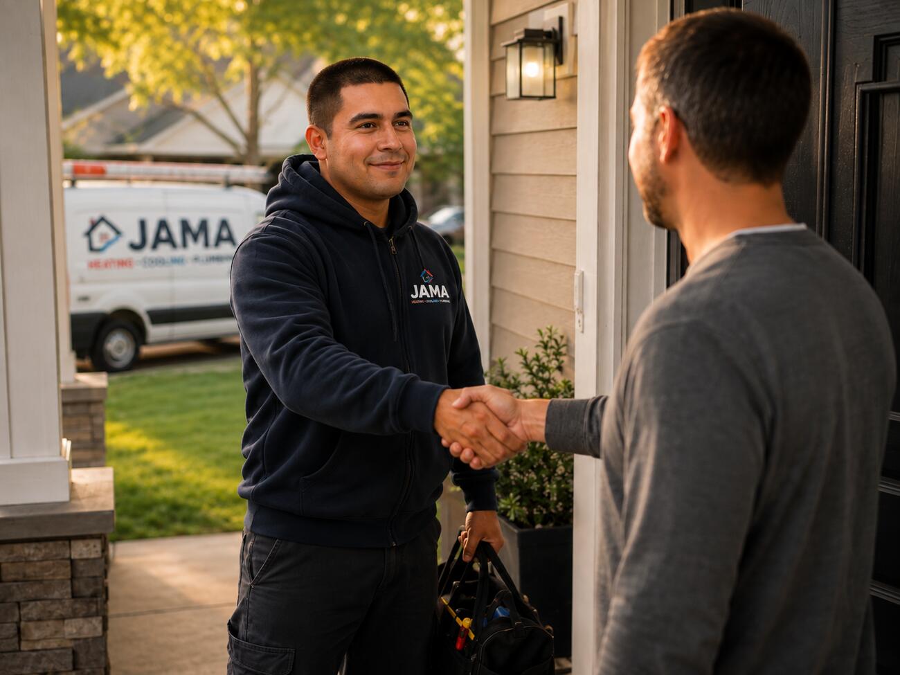 Jose Mendez greeting a homeowner at their front door